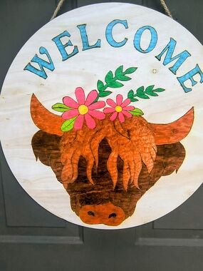 Hand Crafted Welcome Highland Cow Door Hanger in Brown, Pink & Blue